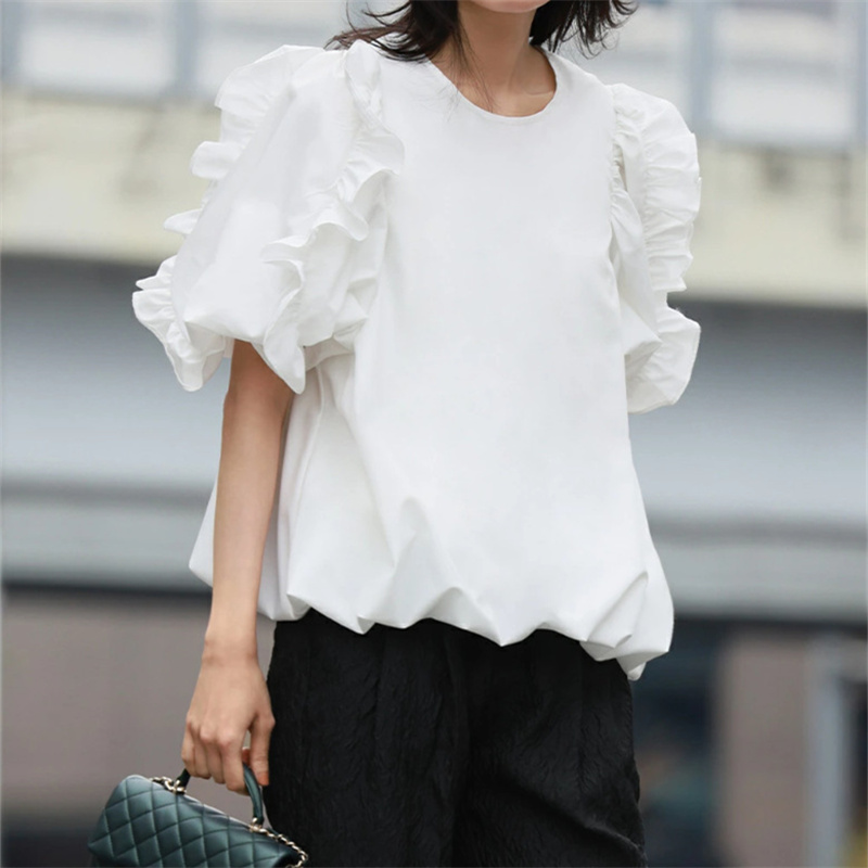 フレア袖丸首レディースシャツ大人可愛い春夏新作