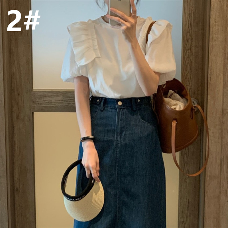 レディースシャツ 夏新作 フリル袖シャツ ラウンドネック 体型カバー レディース