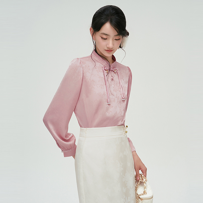 レディースシャツ 優美な花結び スタンドカラーブラウス