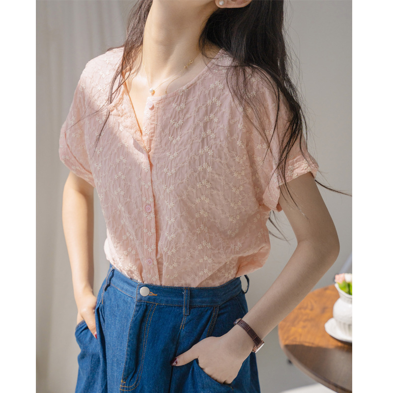 レディースシャツ 花刺繍 半袖シャツ ゆったりトップス 春夏