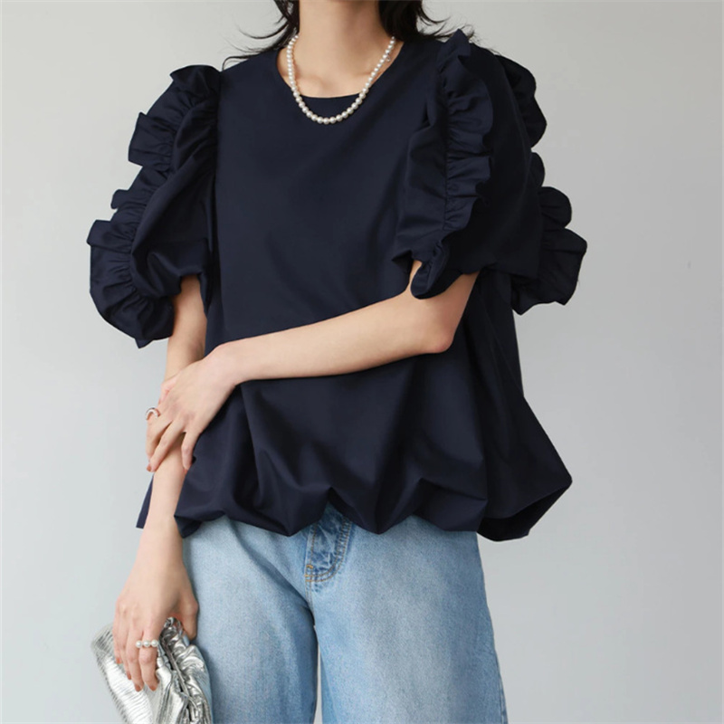 フレア袖丸首レディースシャツ大人可愛い春夏新作