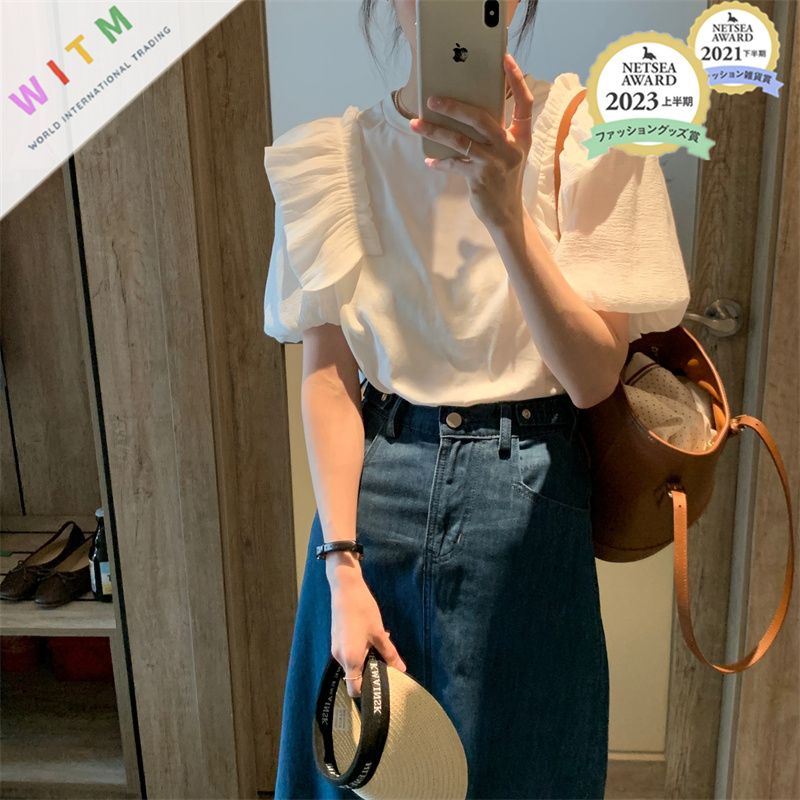 レディースシャツ 夏新作 フリル袖シャツ ラウンドネック 体型カバー レディース