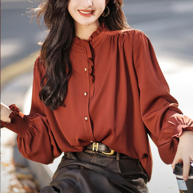 レディースシャツ 秋冬新作フリル襟ブラウス白色長袖きれいめシャツ