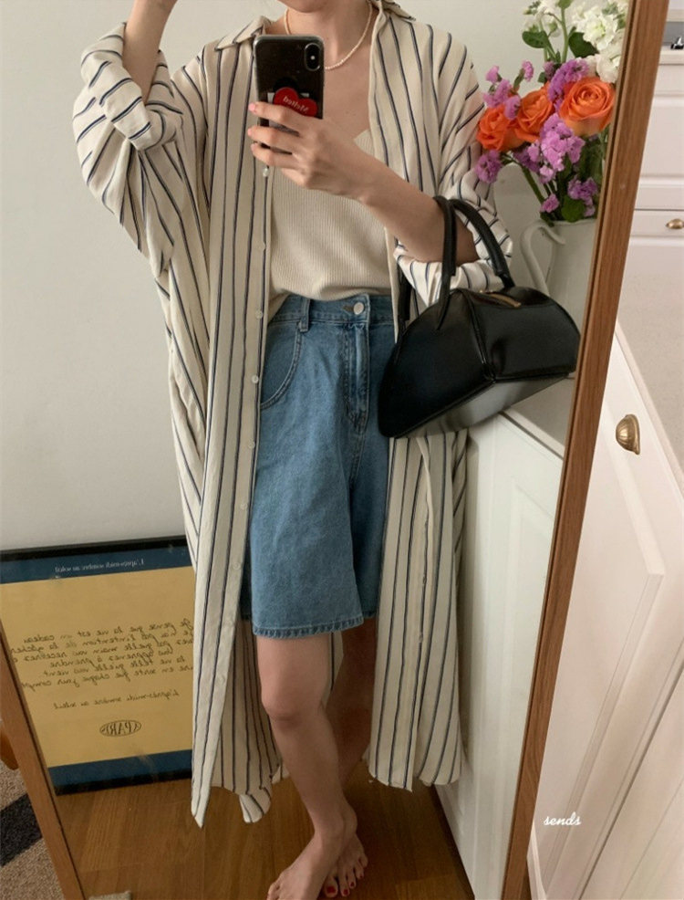 レディースシャツ 縦縞柄ロングシャツワンピース長袖体型カバー