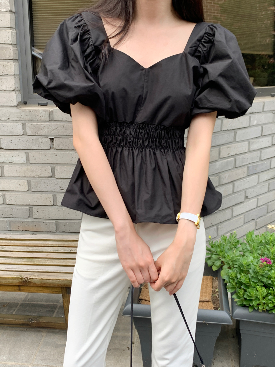 レディースシャツ 夏新作 パフスリーブ Vネック シャツ ウエストマーク レディース