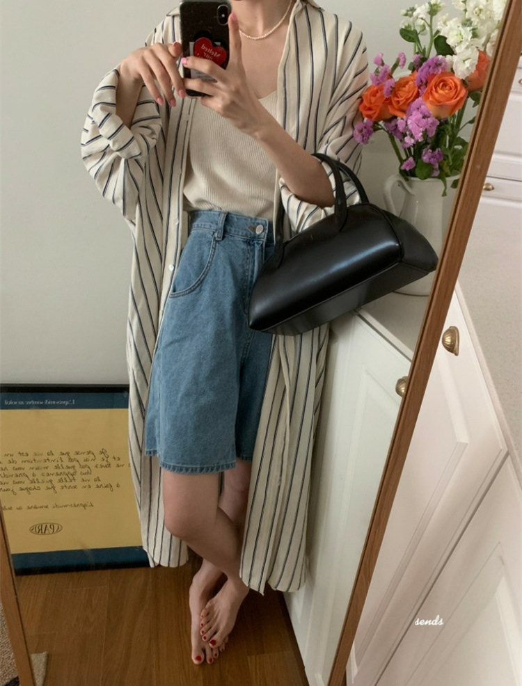 レディースシャツ 縦縞柄ロングシャツワンピース長袖体型カバー