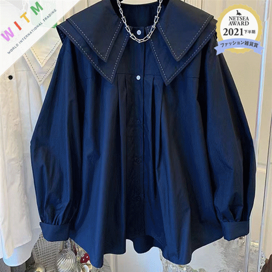 レディースシャツ 大きな襟ステッチ長袖ブラウス体型カバー韓国風レディース