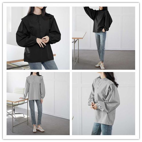 レディースシャツ 無地長袖ブラウス フレア襟デザイン大人可愛い