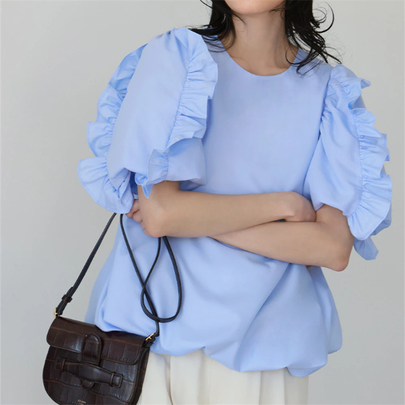 フレア袖丸首レディースシャツ大人可愛い春夏新作