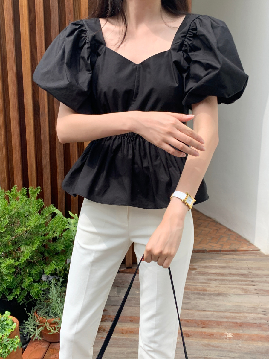 レディースシャツ 夏新作 パフスリーブ Vネック シャツ ウエストマーク レディース