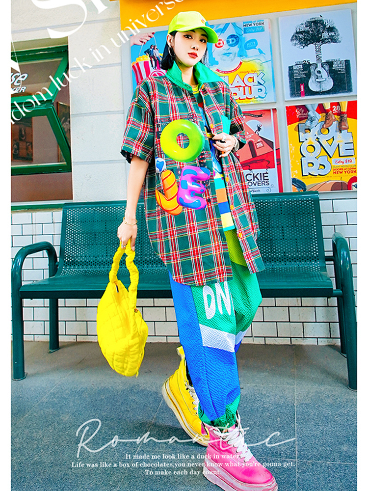 レディースシャツ ポップアートチェック柄シャツ
