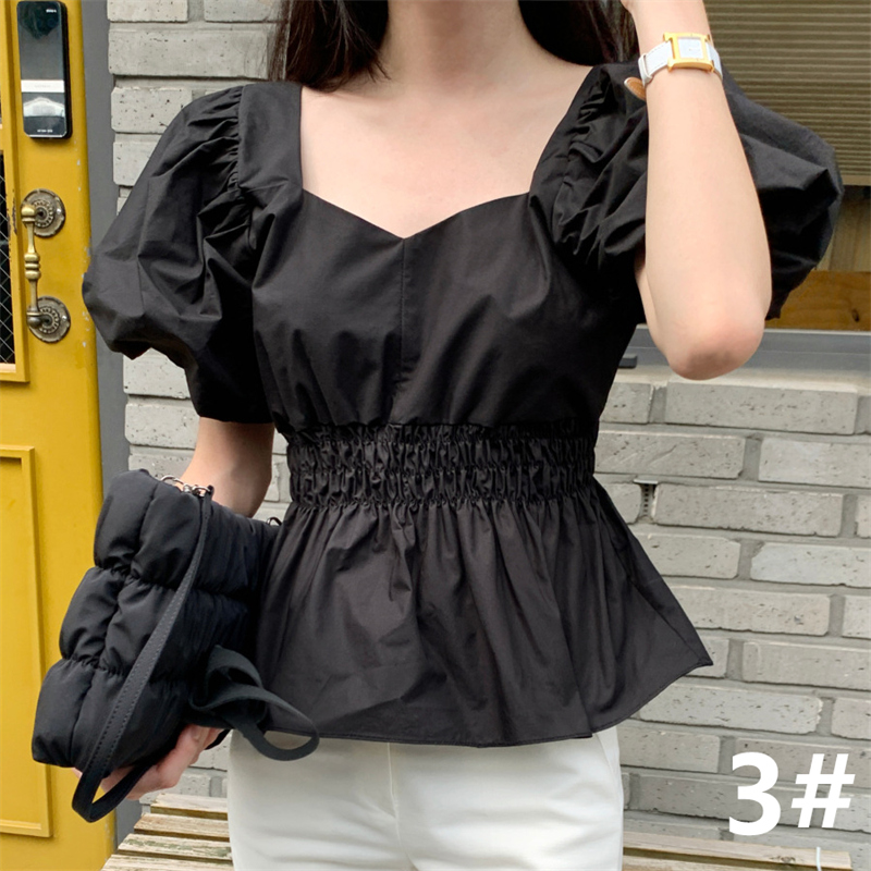 レディースシャツ 夏新作 パフスリーブ Vネック シャツ ウエストマーク レディース