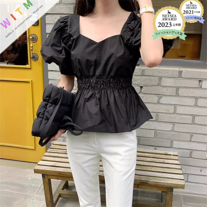 レディースシャツ 夏新作 パフスリーブ Vネック シャツ ウエストマーク レディース