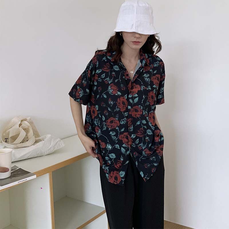 レディースシャツ 華やか薔薇模様ゆったりシャツ