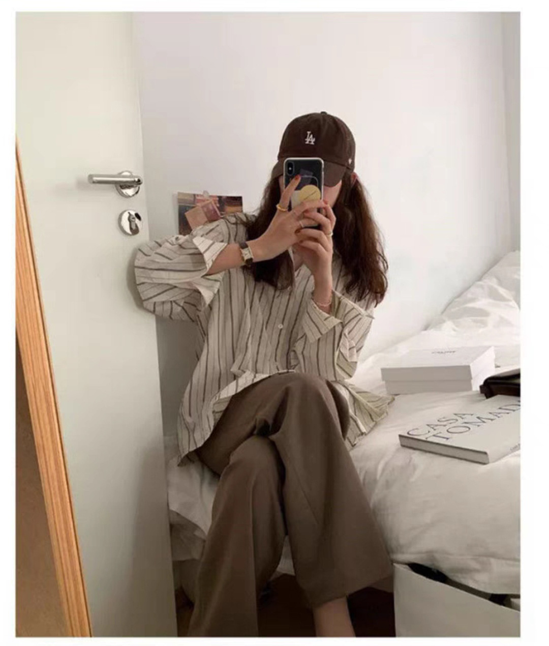 ストライプ柄レディースシャツ体型カバーゆったり長袖