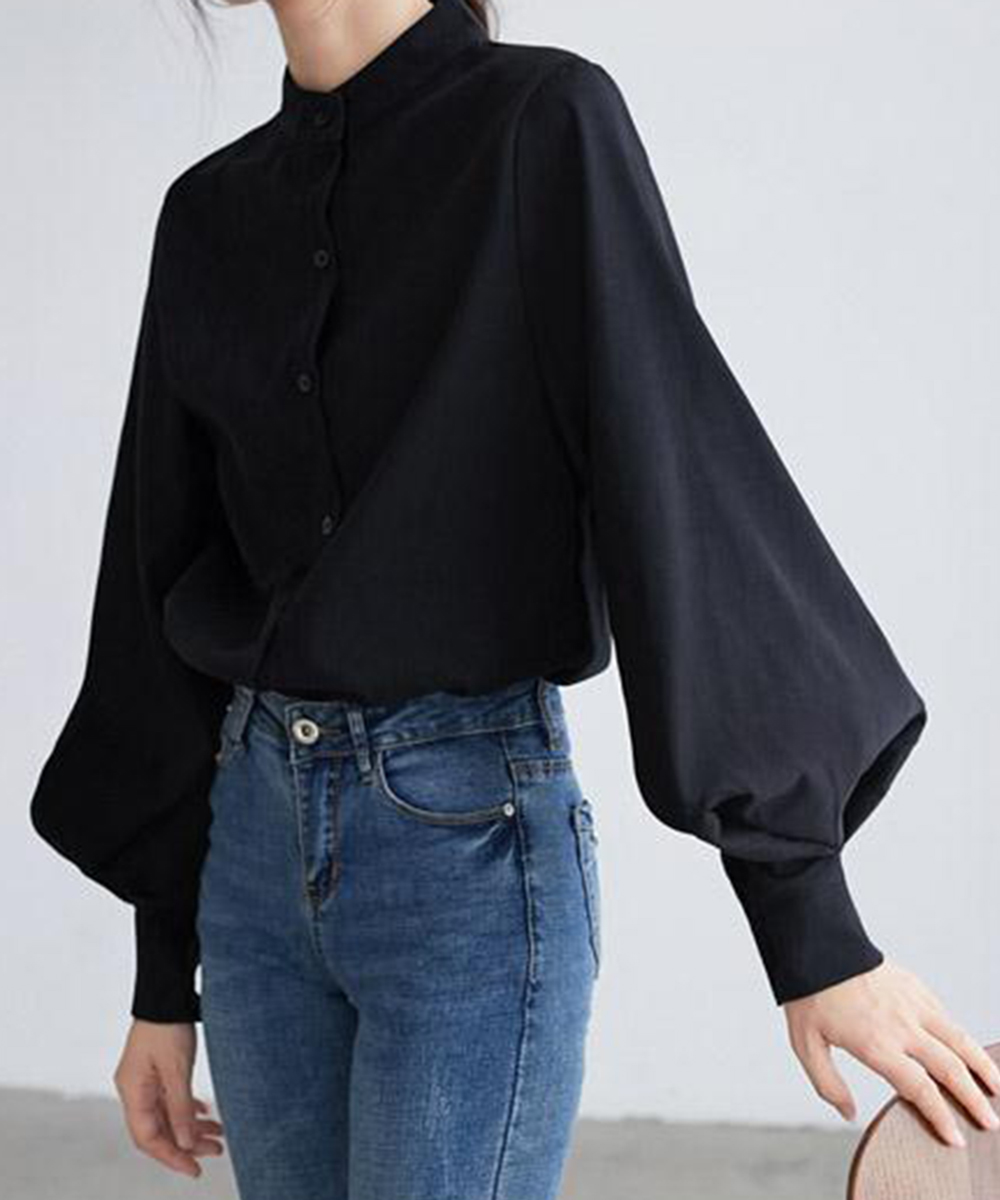 レディースシャツ スタンドカラー韓国風長袖 ボリュームシャツ