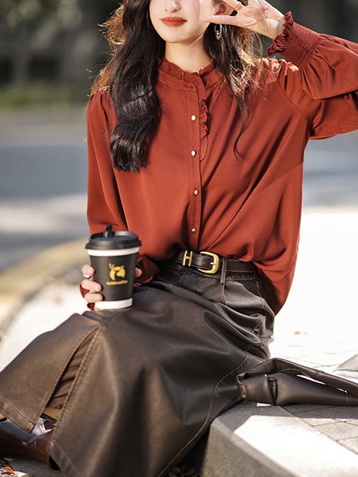 レディースシャツ 秋冬新作フリル襟ブラウス白色長袖きれいめシャツ