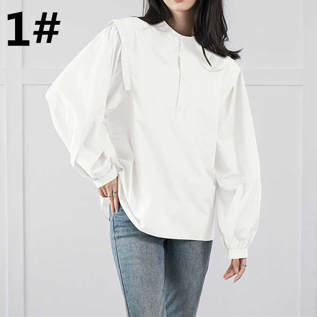 レディースシャツ 無地長袖ブラウス フレア襟デザイン大人可愛い