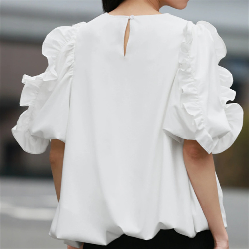 フレア袖丸首レディースシャツ大人可愛い春夏新作