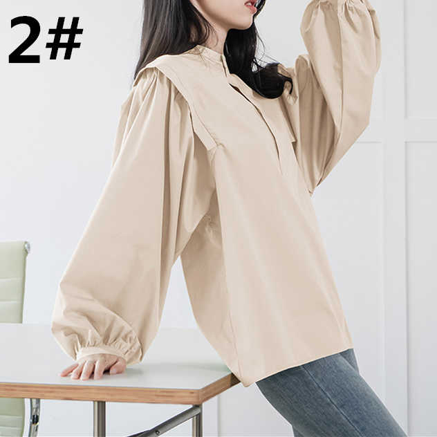 レディースシャツ 無地長袖ブラウス フレア襟デザイン大人可愛い