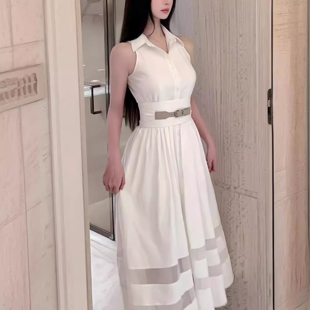 白シャツ 襟付きノースリーブベルト付きワンピース・ドレス