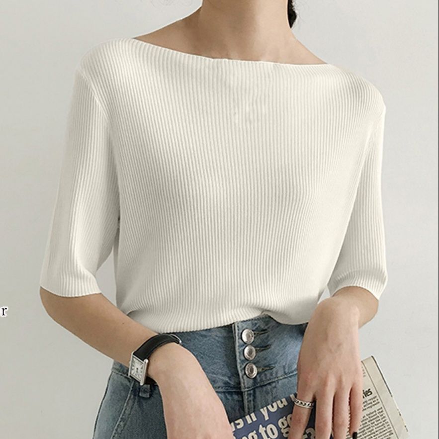 白シャツ 洗練リブニット ボートネックシャツ