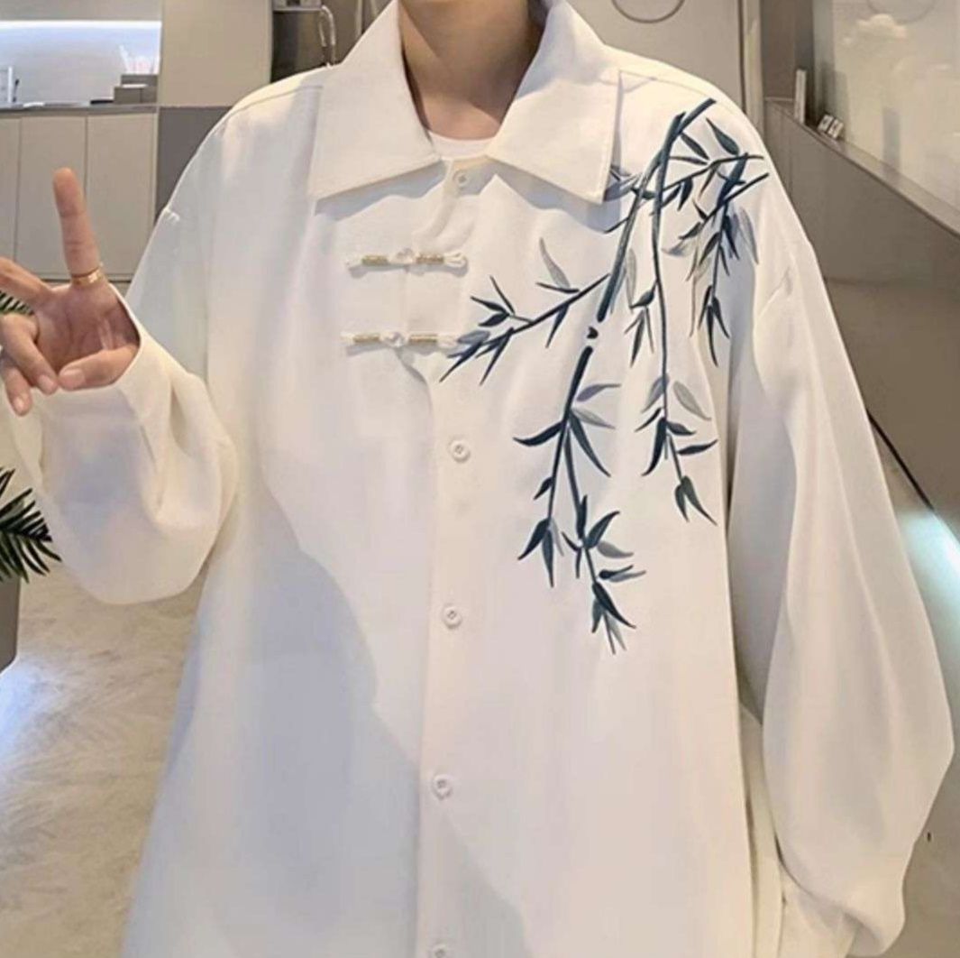 白シャツ　竹柄エレガントシャツ