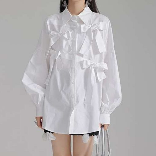 白シャツ　【春】リボンデザインオーバーサイズシャツ