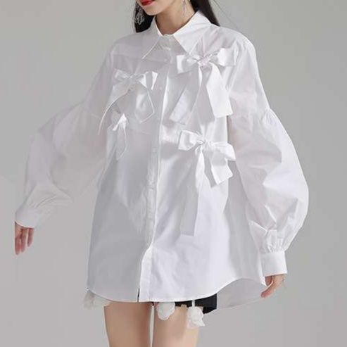 白シャツ　【春】リボンデザインオーバーサイズシャツ