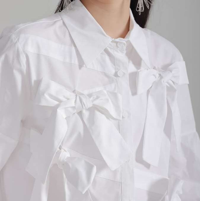 白シャツ　【春】リボンデザインオーバーサイズシャツ