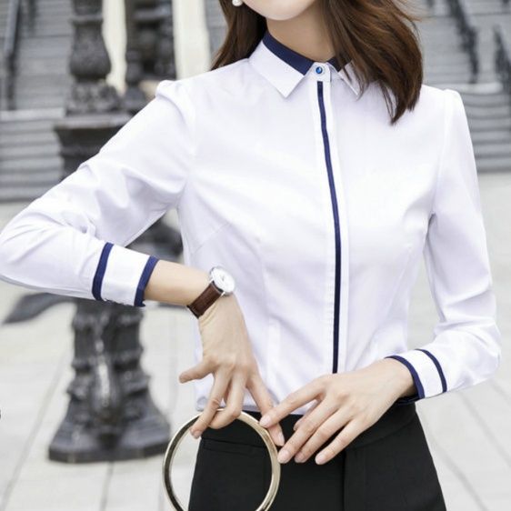 白シャツ 上品コントラスト襟元シャツ