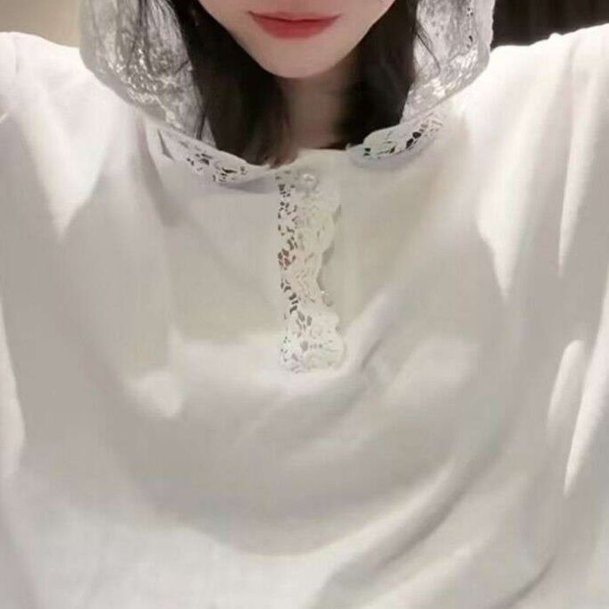 白シャツ　【春夏】 レースアクセントフーディブラウス