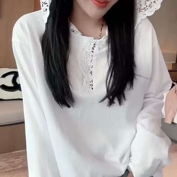 白シャツ　【春夏】 レースアクセントフーディブラウス