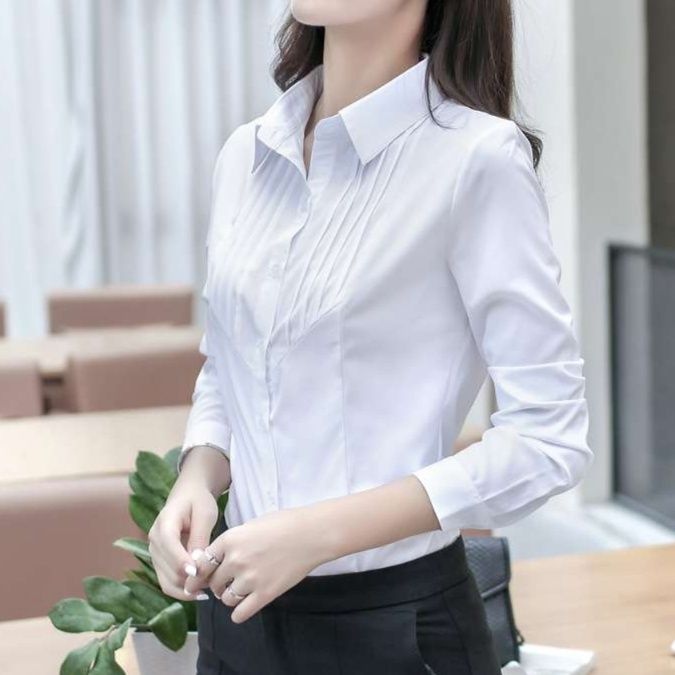 白シャツ　オフィスエレガンス プリーツシャツ