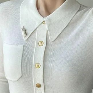 白シャツ 襟付きリブニットポロシャツ風長袖トップス春・秋・冬トップス