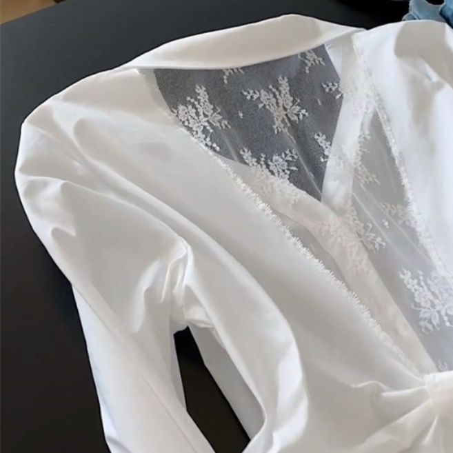 白シャツ フラワー刺繍レース切替シースルーブラウス