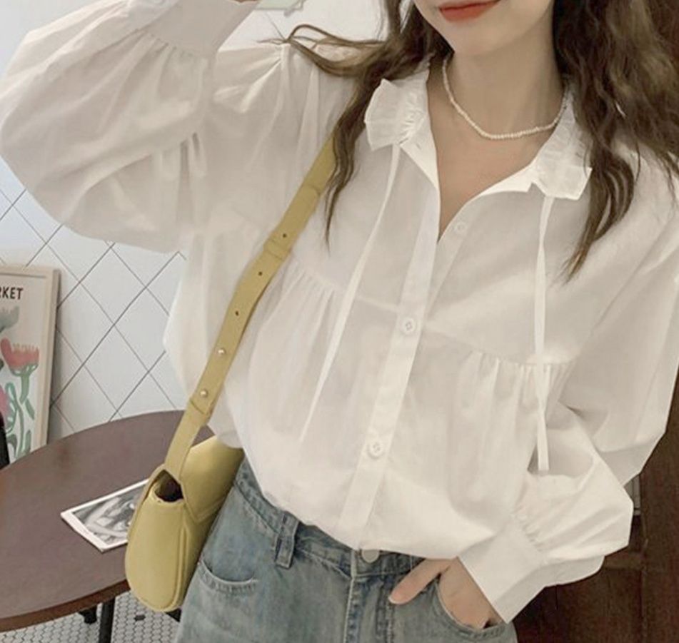白シャツフリル衿ボリューム袖長袖ブラウス 