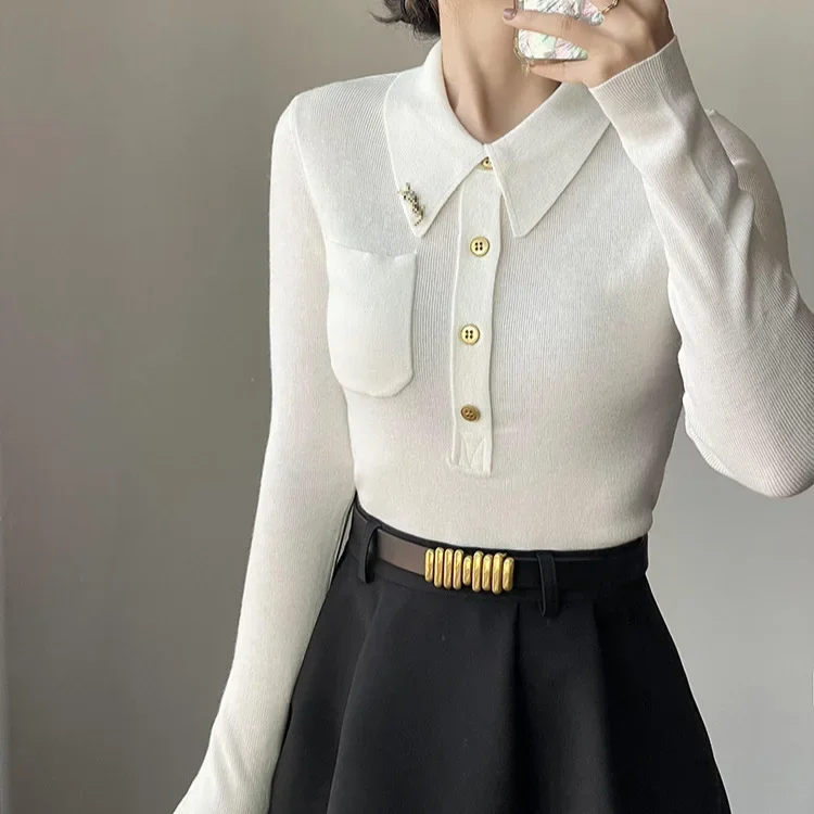 白シャツ 襟付きリブニットポロシャツ風長袖トップス春・秋・冬トップス