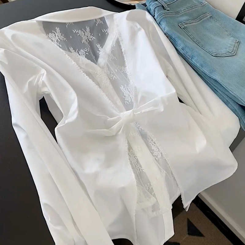 白シャツ フラワー刺繍レース切替シースルーブラウス
