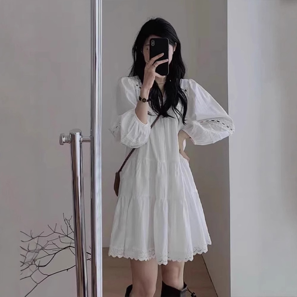 白シャツ パフスリーブティアード刺繍レース白シャツワンピース・ドレス