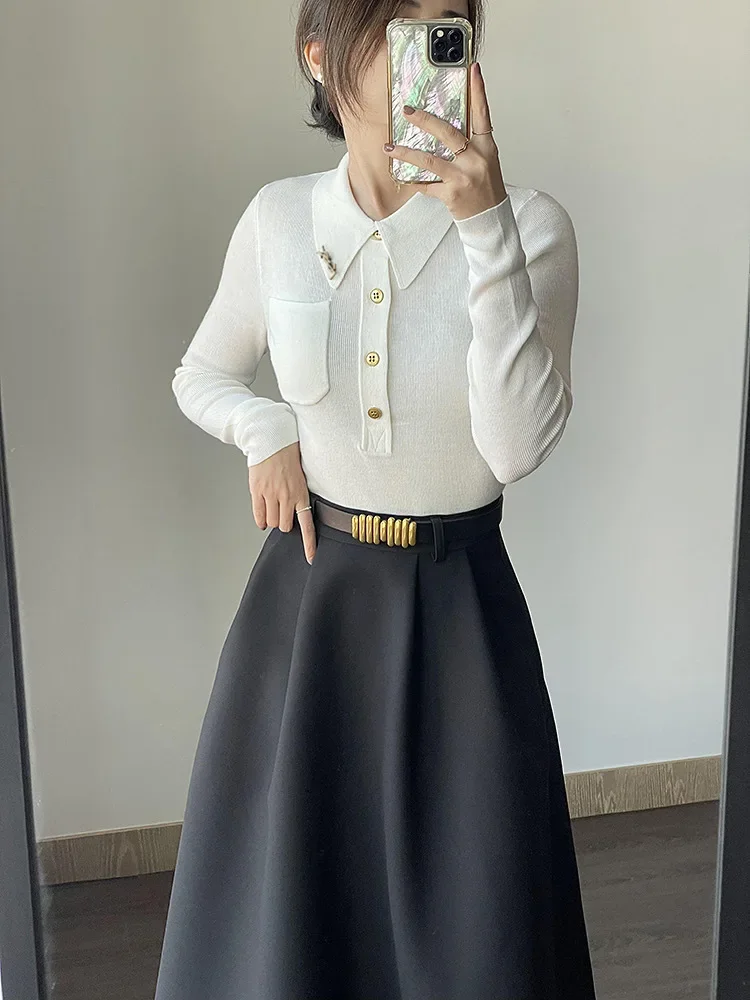 白シャツ 襟付きリブニットポロシャツ風長袖トップス春・秋・冬トップス