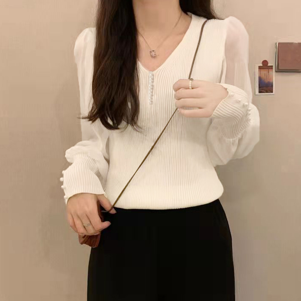 白シャツ シフォン袖リブニット 春秋トップス