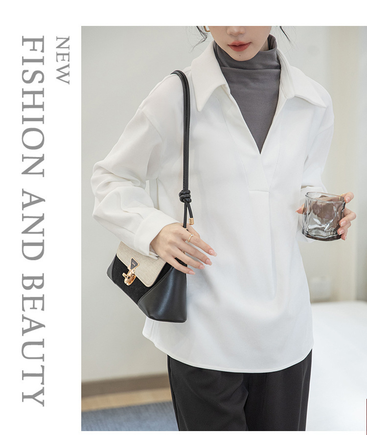白シャツ 深襟オーバーサイズ長袖シャツ春・秋・冬トップス