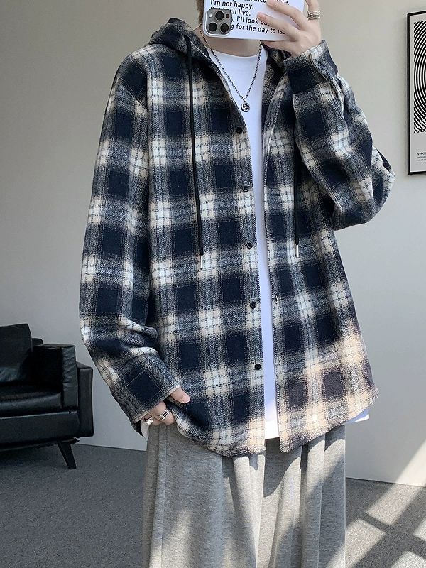 メンズ シャツ メンズ フード付きチェック柄長袖シャツ