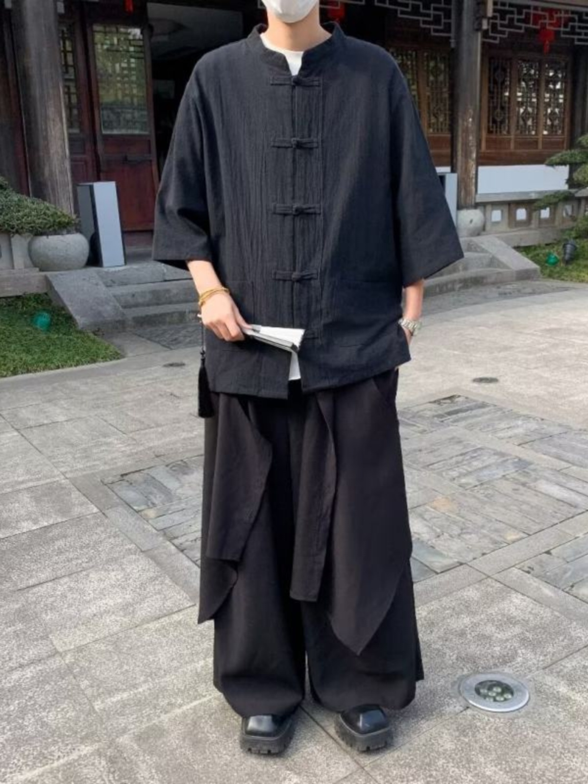 シャツ メンズ 和風チャイナボタン七分袖スタンドカラーシャツ