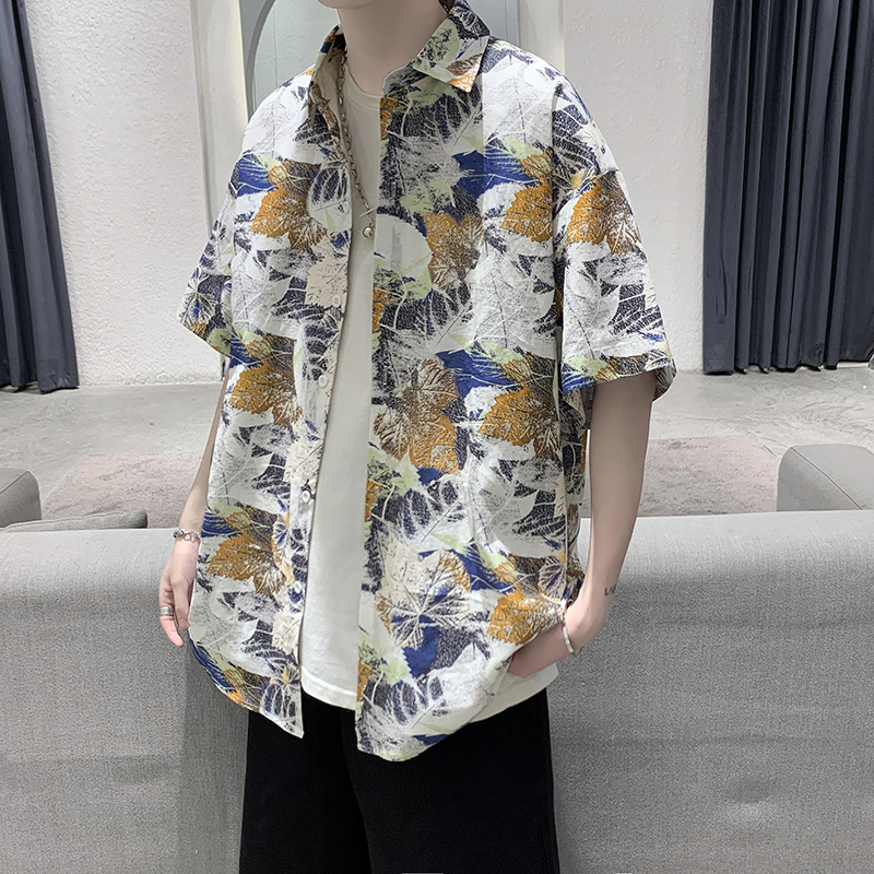 シャツ メンズ 柄シャツ 落ち葉模様の芸術半袖シャツ
