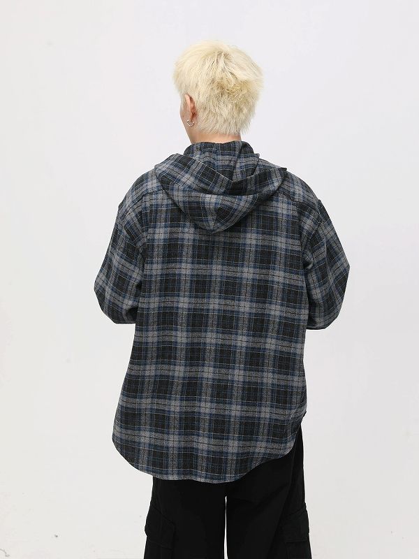 メンズ シャツ フード付きチェック柄シャツ メンズ 長袖カジュアル 全2色