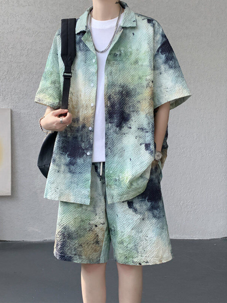 シャツ メンズ 柄シャツ 水墨模様セットアップ開襟シャツ