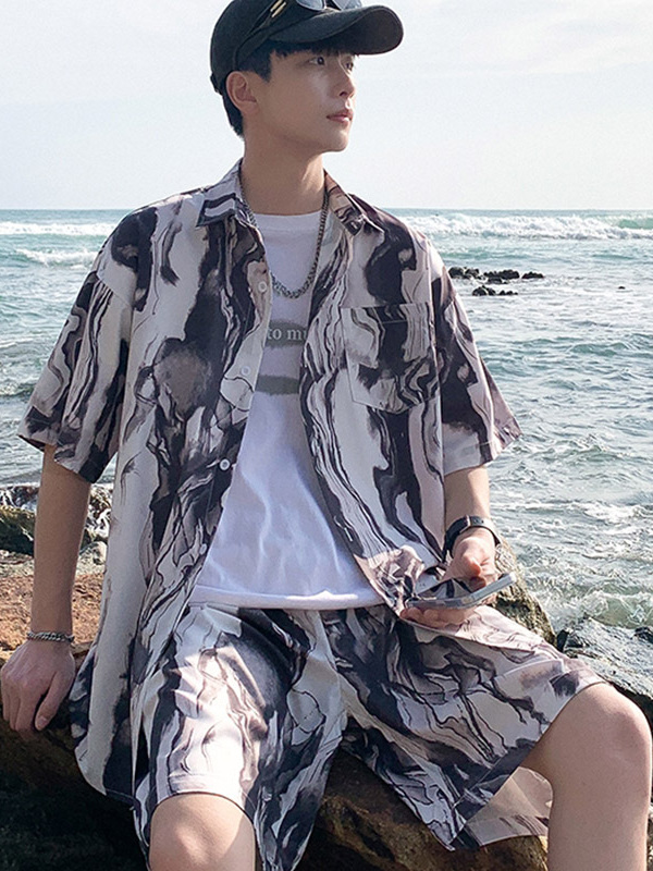 シャツ メンズ 柄シャツ 大理石模様の夏季セットアップシャツ