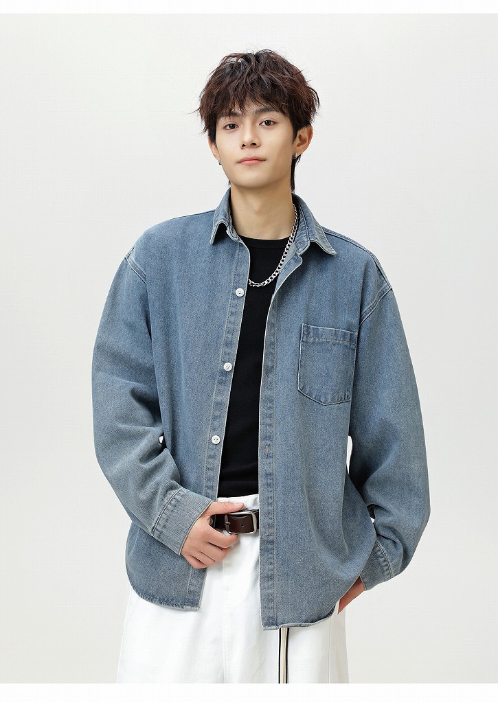 メンズ シャツ 秋新作 ヴィンテージ風 水洗い加工 デニムシャツ 長袖 全3色